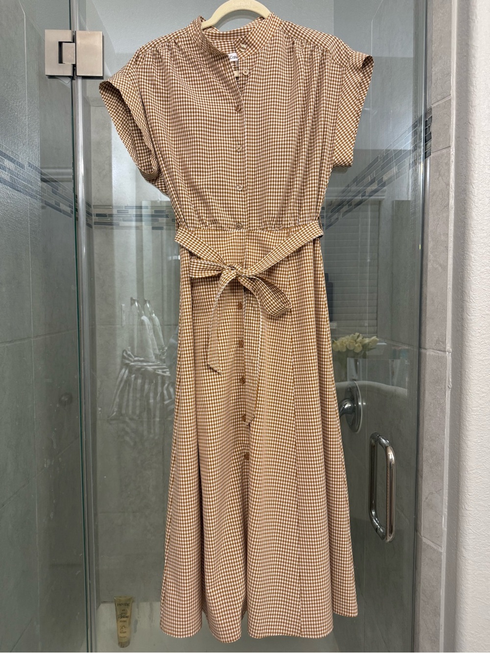 Calvin Klein Beige Gingham Button-Front Maxi Dress with Tie Waist